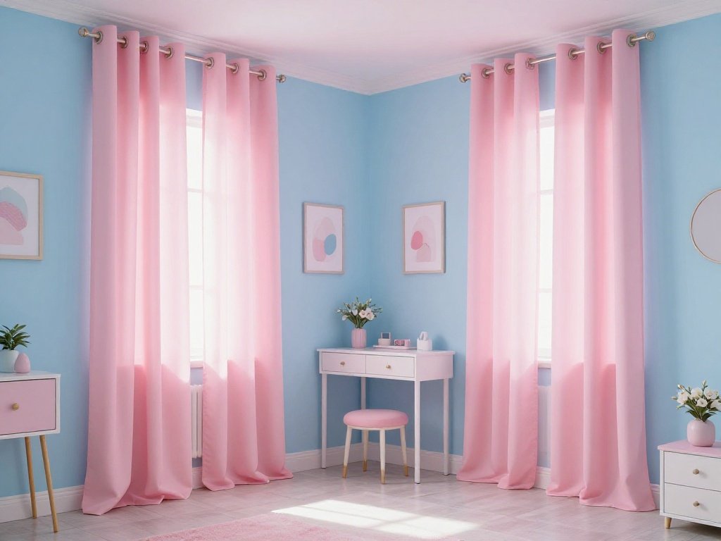 Pink Curtains with Light Blue Walls