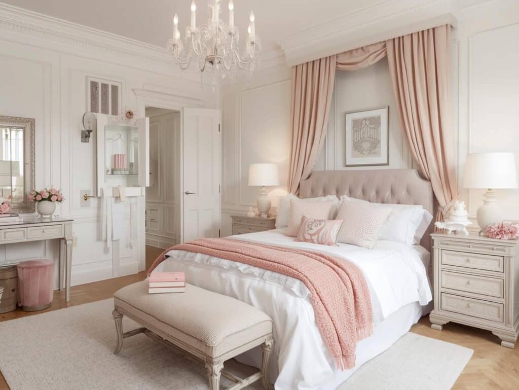 pastel pink and white bedroom