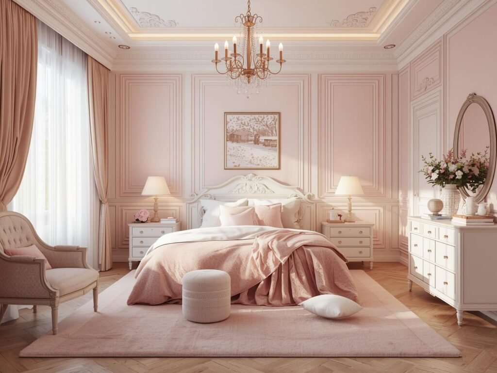 pastel pink and white bedroom