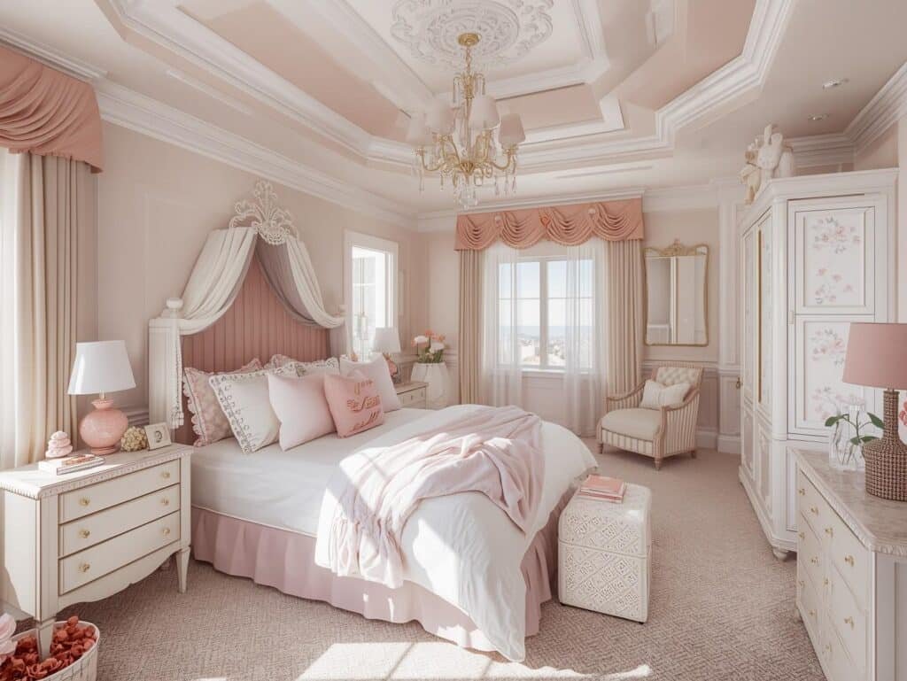 pastel pink and white bedroom