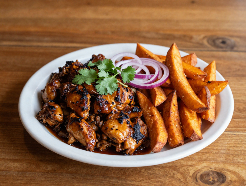 BBQ Pulled Chicken with Sweet Potato Fries