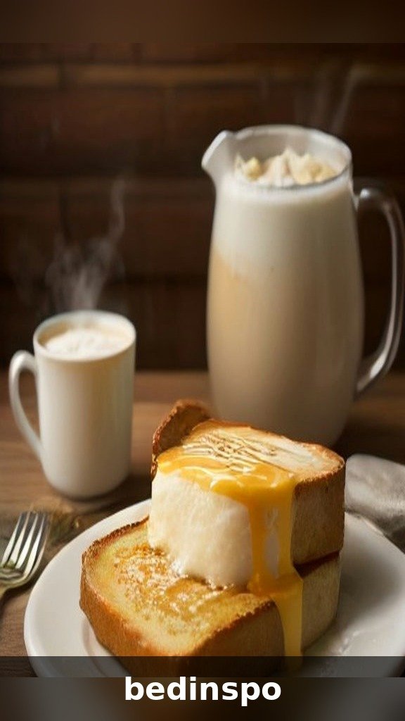 Eggnog French toast bake with a pitcher of eggnog