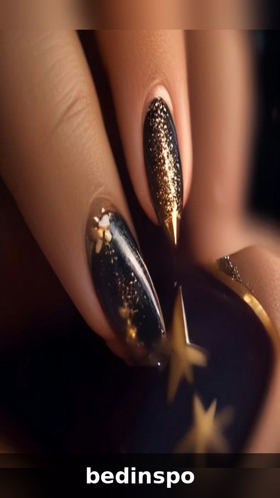 Gold chrome star nail art over deep chrome base for Christmas