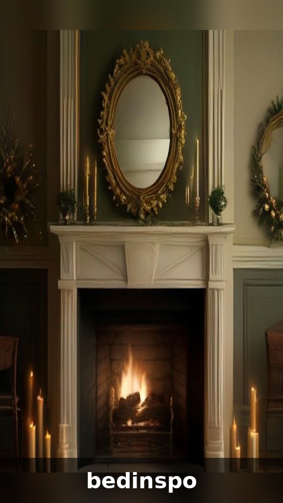 Vintage mirror with a Christmas wreath layered on top above the mantel