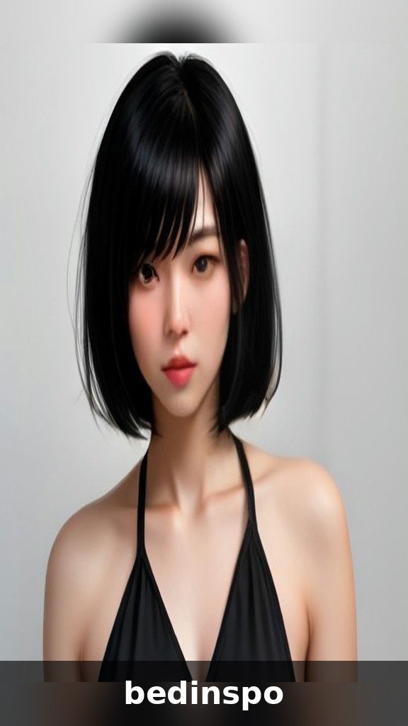 East Asian woman in her 30s with blunt straight jet-black micro bob, middle part