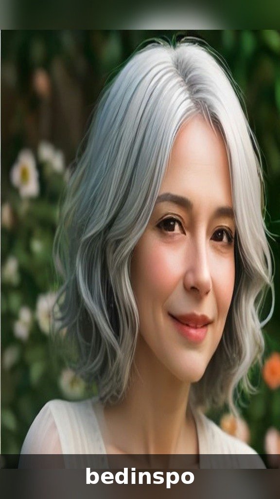 Woman in her 60s with silver wavy shaggy micro bob smiling in a garden