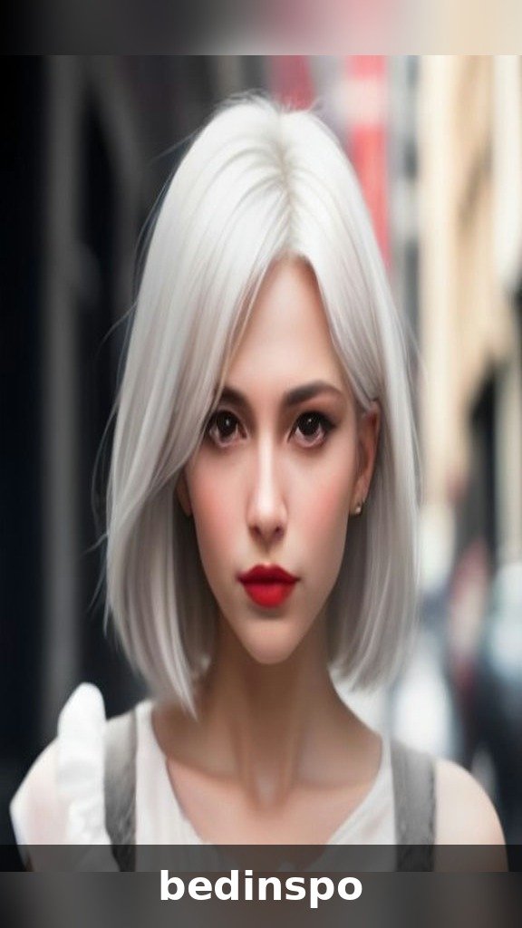 Platinum blonde sleek micro bob on a woman in her 40s with red lipstick