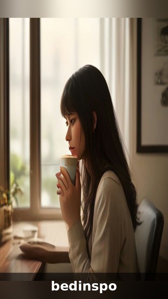 South Asian woman in her 30s with mocha balayage hair and curtain bangs at a cafe