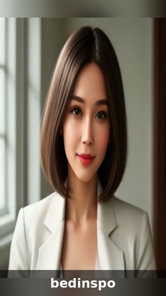 White woman in her 50s with a mocha balayage bob haircut in an office