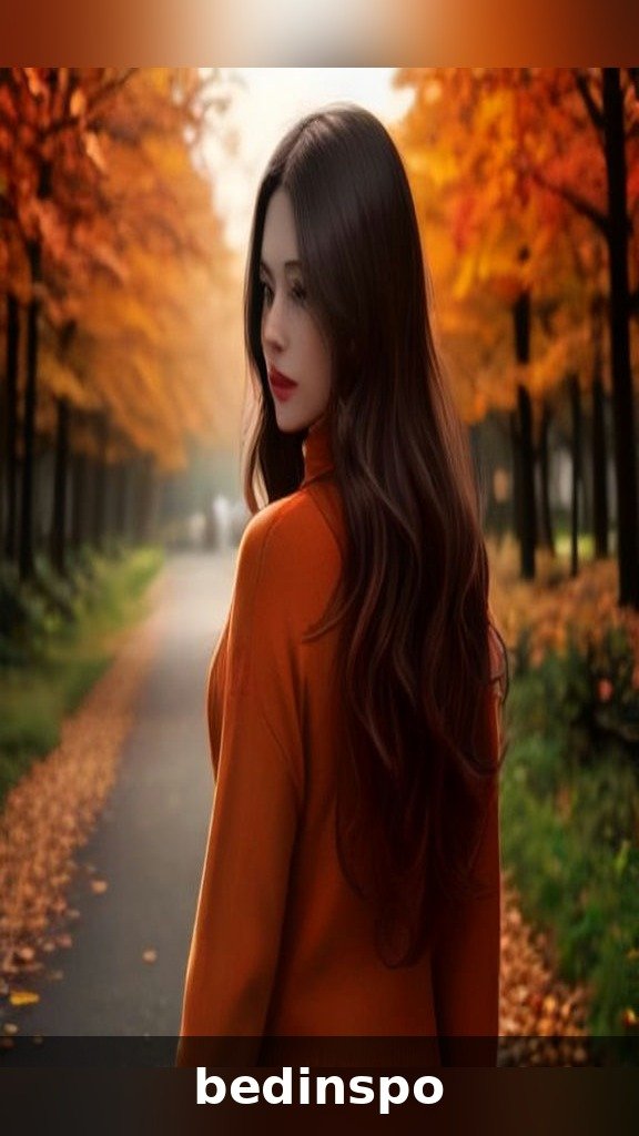 White woman in her 30s with warm caramel mocha balayage hair in an autumn park