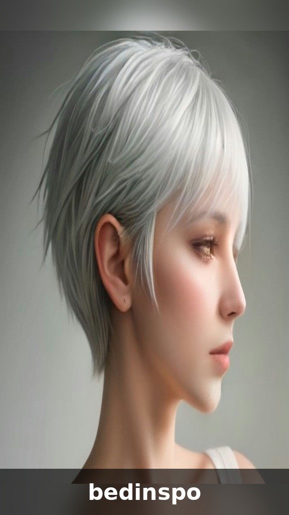 Asymmetrical wispy pixie haircut with silver streaks, side profile