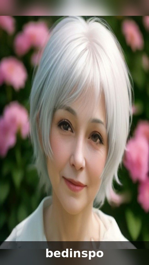 Silver white wispy pixie haircut on a mature woman